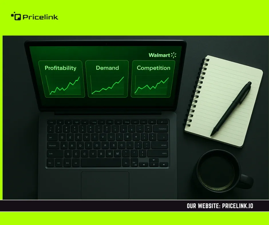Workspace with laptop showing profitability, demand, and competition graphs for Walmart product research criteria