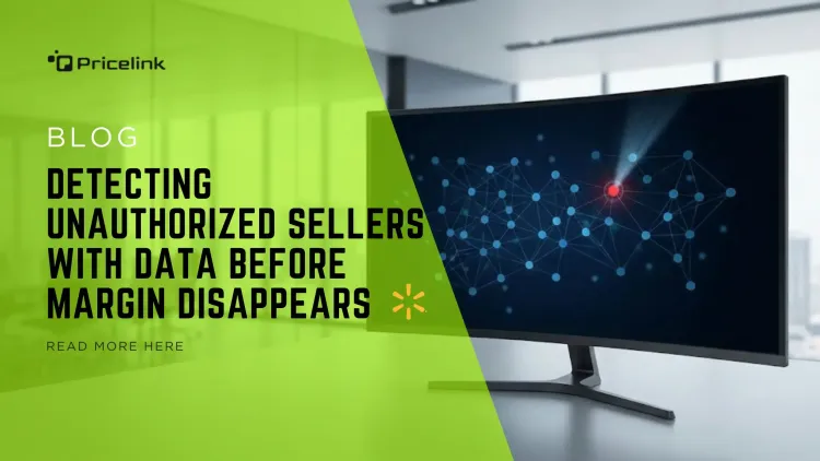 A professional data dashboard on a sleek monitor identifying an unauthorized seller or anomaly within a complex supply chain network.