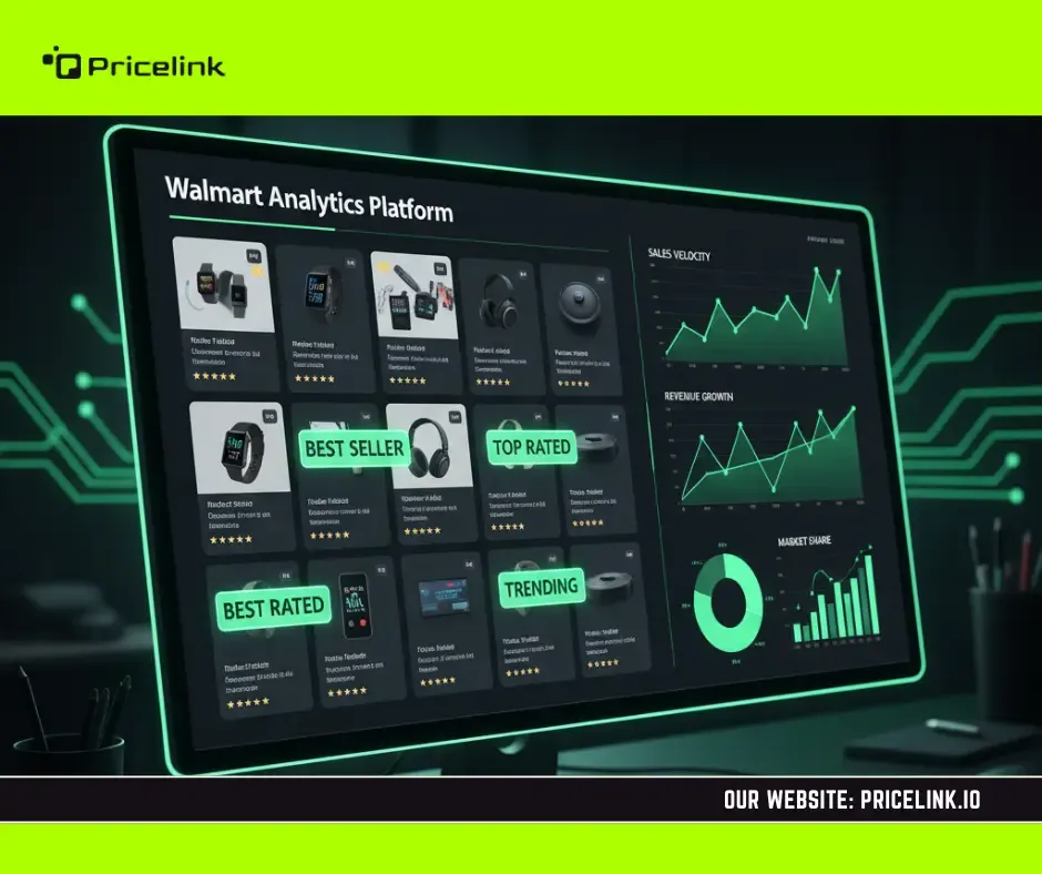 aptop screen showing PriceLink Product Analytics comparing Walmart product profitability and competition