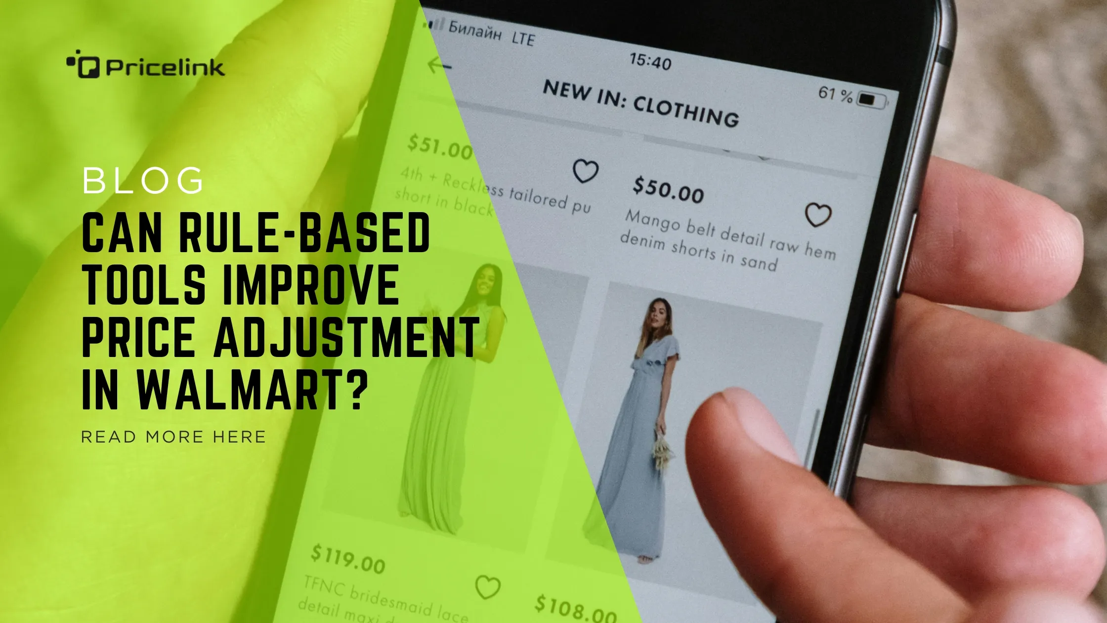 Hand holding a smartphone displaying clothing prices, showing how PriceLink tools improve price adjustment in Walmart through automated competitive pricing.