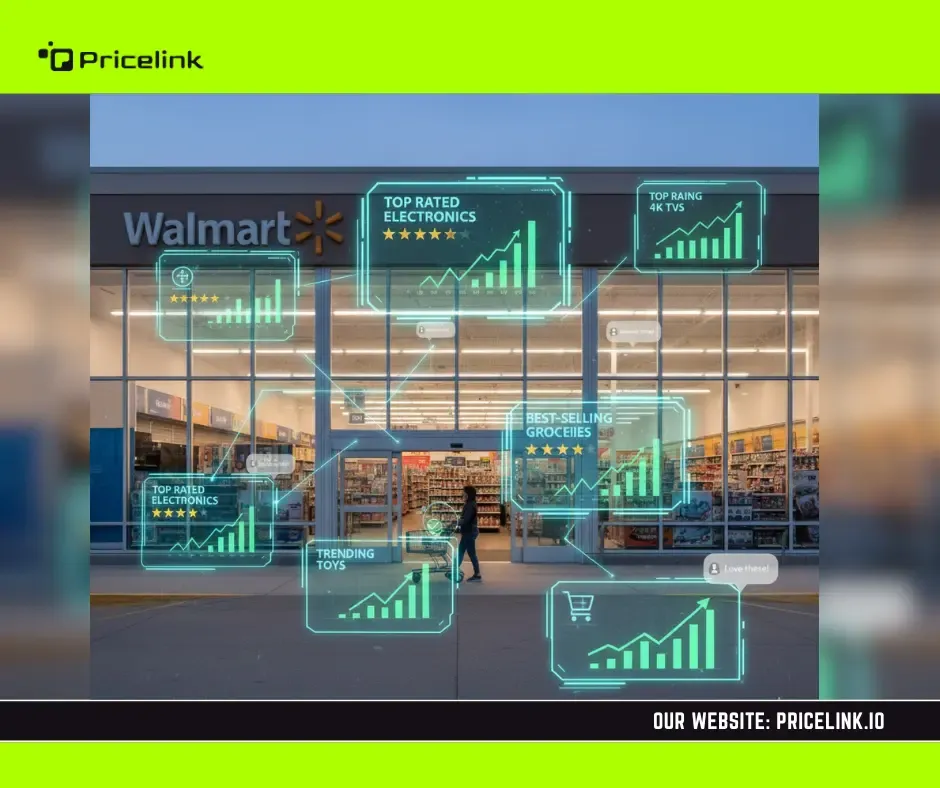 Walmart storefront with top-rated products and sales analytics overlays representing best sellers