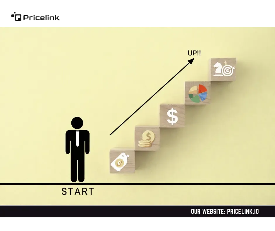 Visual representation of Walmart pricing and ranking interaction using step blocks, money symbols, and strategic growth indicators.
