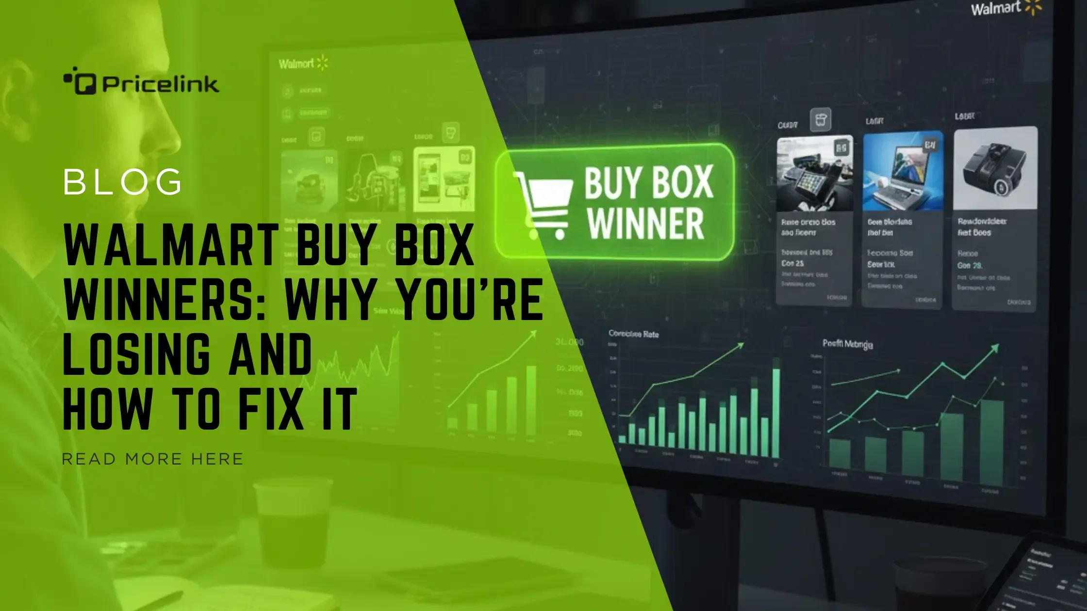 Feature image showing Walmart Buy Box dashboard with highlighted winning listing and analytics data trends